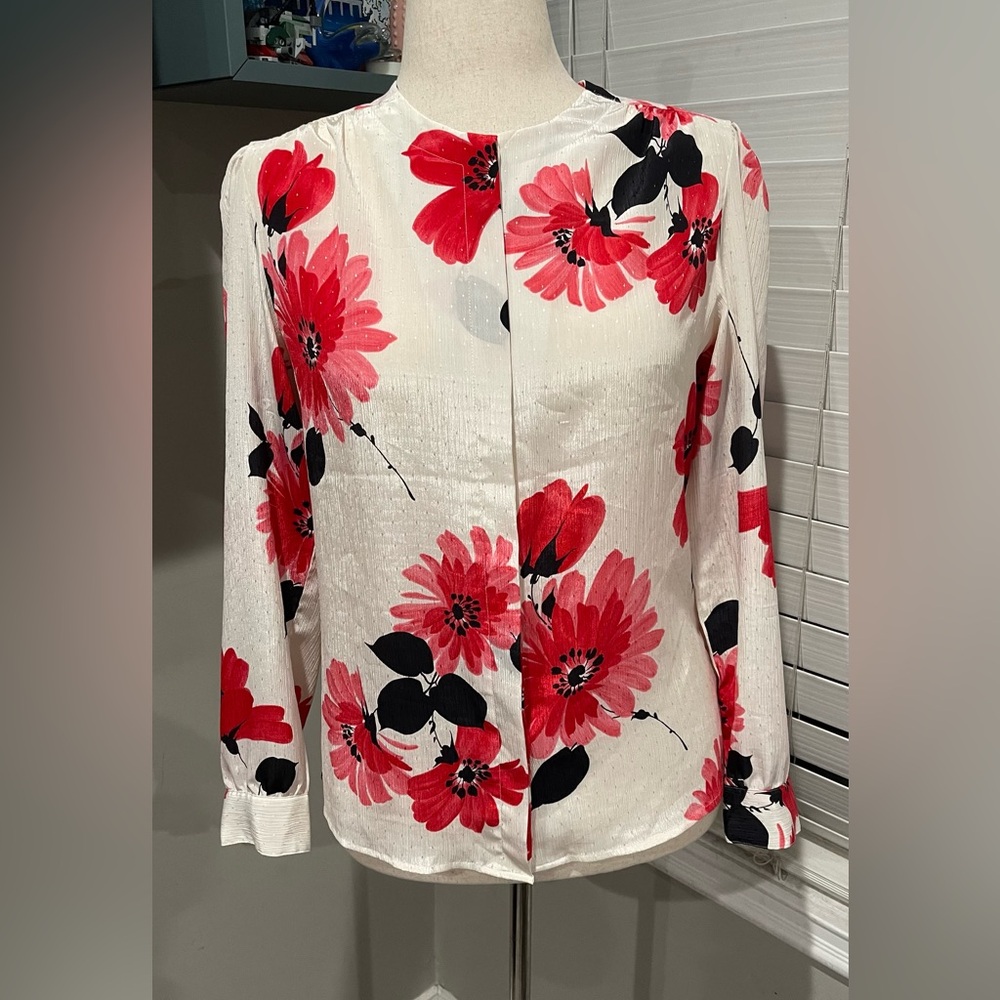 Vintage Pykettes‎ Top White Floral Rose Print Button Front Collared Long Sleeve